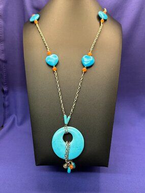 Turquoise Colored Natural Stone Silver-Tone Pendant Necklace